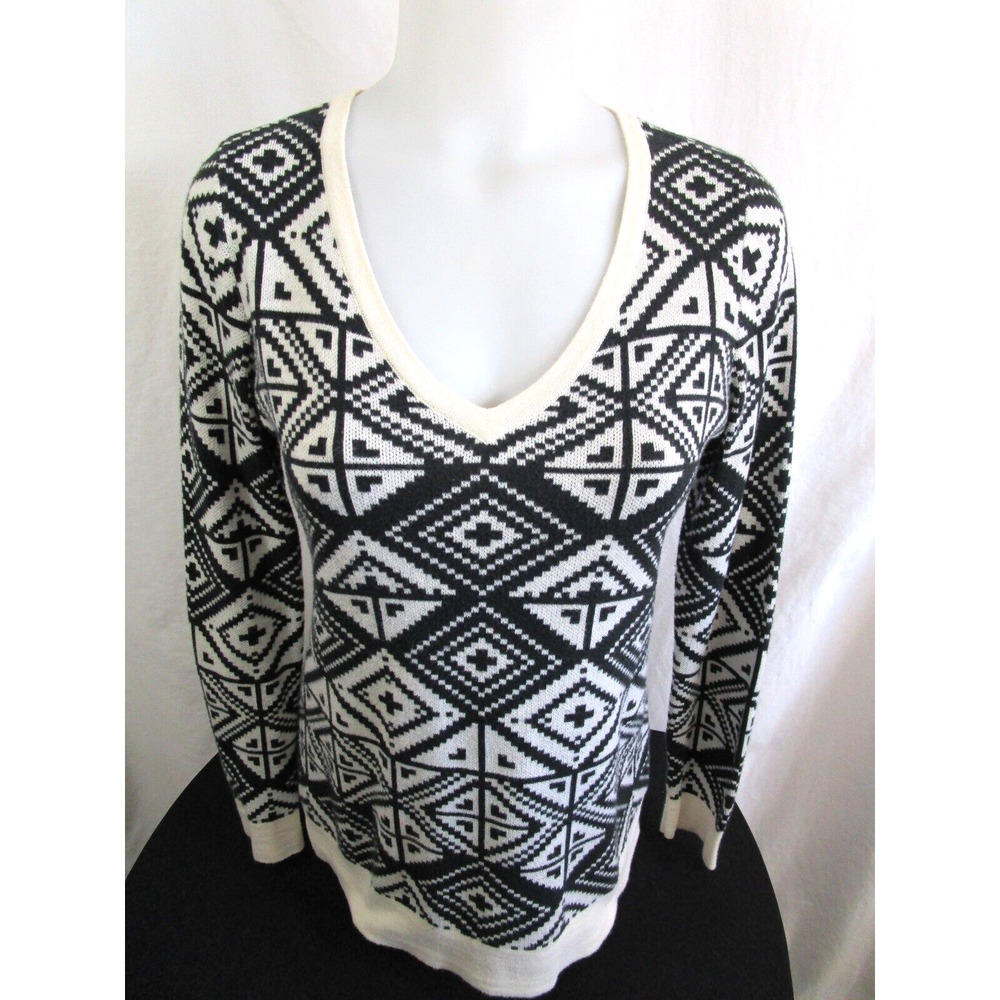 Banana Republic Black & White Geometric Print V Neck Cotton Sweater Sz Petite S